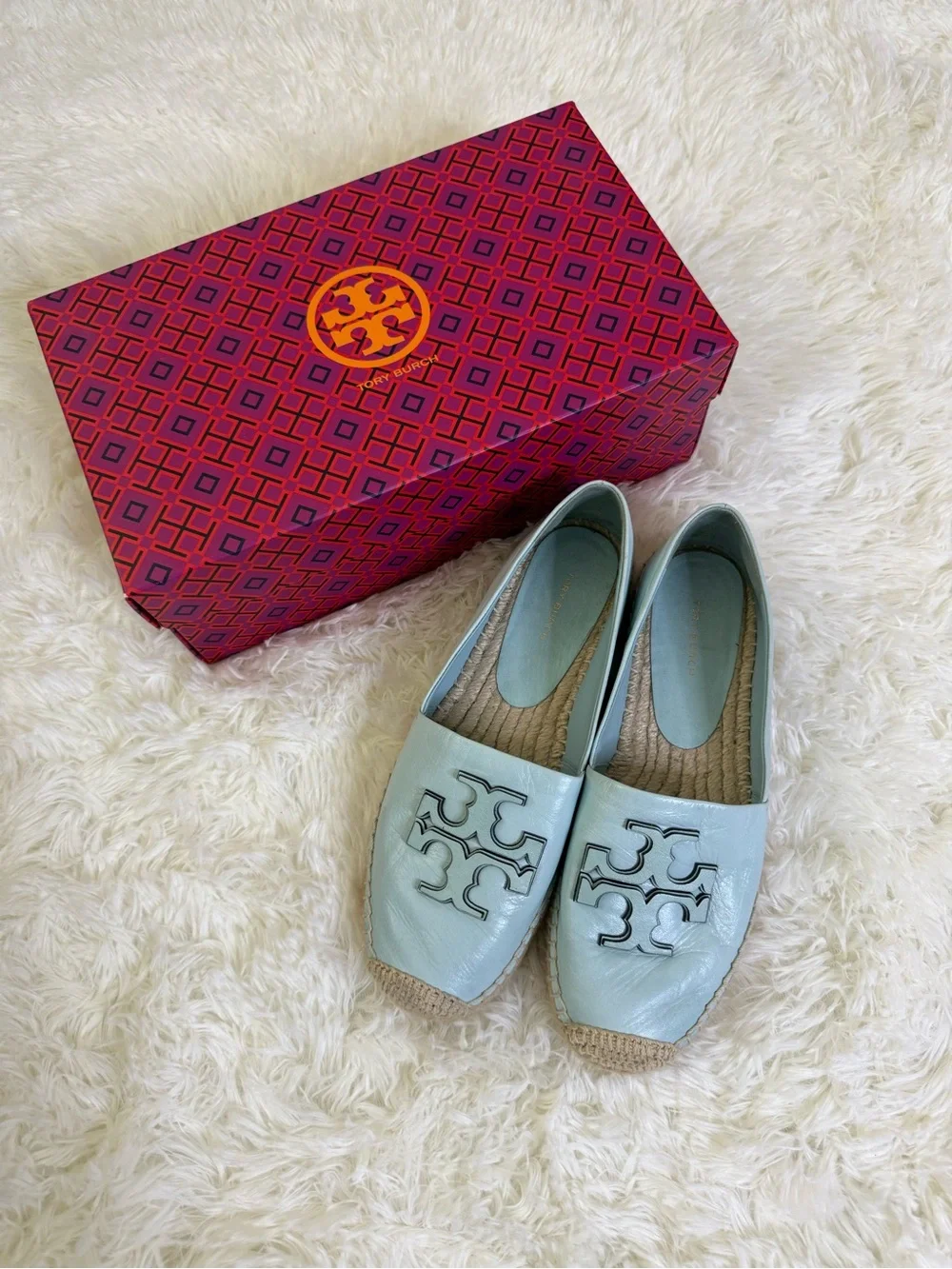 Tory Burch Pale Blue Leather Logo Espadrille Flats